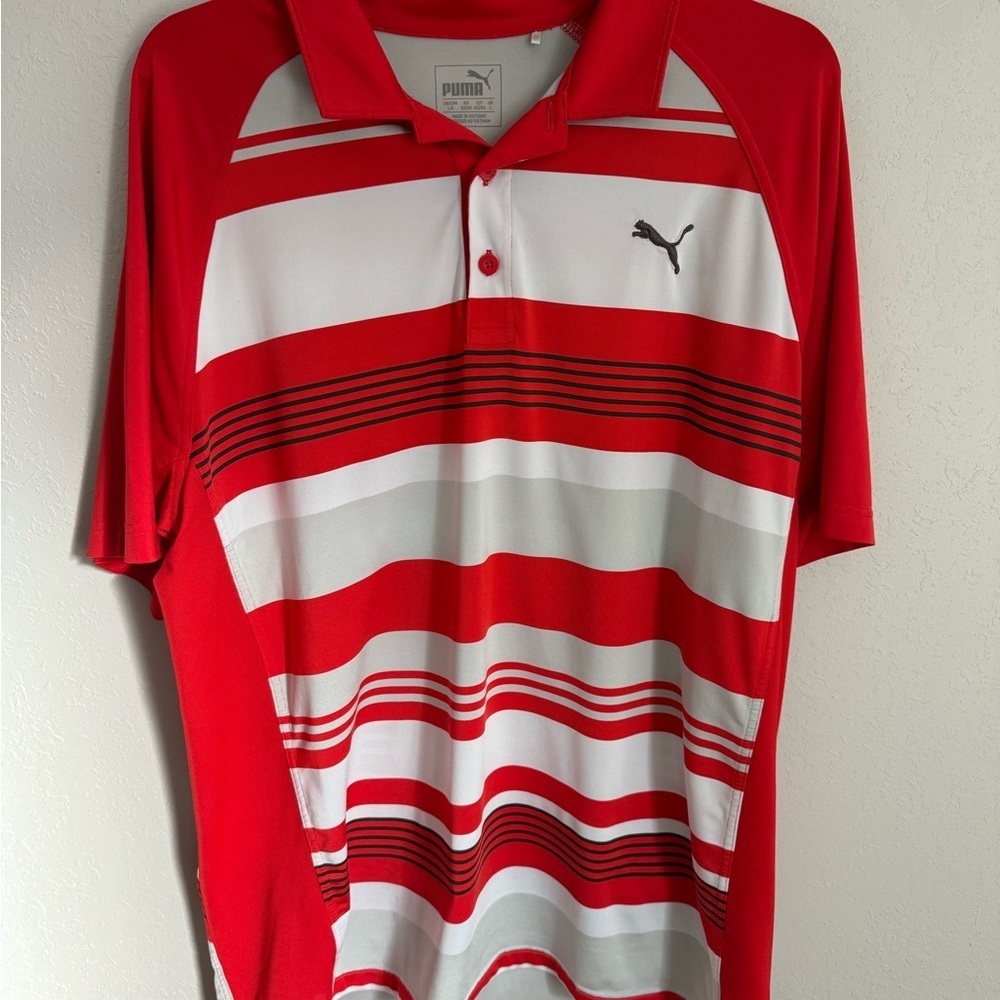 Men’s L Red/White/Gray Striped Puma Lightweight, Athletic, Short Sleeve Polo